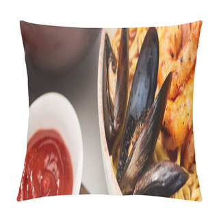 Personality  Spicy Seafood Ramen In Bowl On White Surface Near Ketchup, Panoramic Shot Pillow Covers