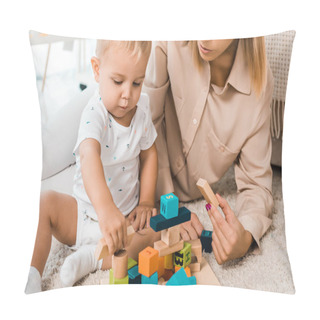 Personality Cropped View Of Adorable Toddler Playing With Colorful Cubes And Mother In Nursery Room Pillow Covers