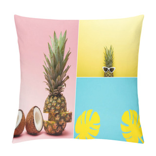 Personality  Collage Of Tropical Fruits, Sunglasses And Paper Palm Leaves On Pink, Blue And Yellow Background Pillow Covers