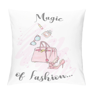 Personality  A Set Of Fashionable Women's Clothing And Accessories. Dress, Bag, Shoes With Heels, Lipstick, Perfume And Glasses. Vector Illustration. Fashion & Style. Pillow Covers
