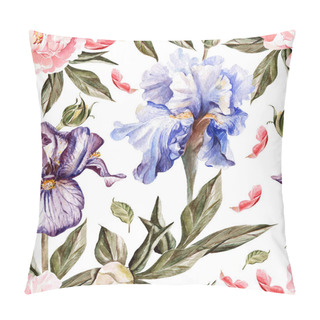 Personality  Watercolor Pattern With Flowers  Iris, Peonies And Roses, Buds And Petals. Pillow Covers