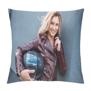 Personality  Beautiful Woman In Leather Jacket Holding Motorcycle Helmet On Street And Looking At Camera Pillow Covers