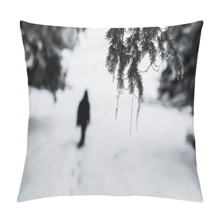 Personality  Selective Focus Of Frozen Spruce Branches Covered With Frost And Silhouette Of Traveler Pillow Covers
