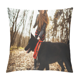 Personality  Young Girl With A Dog Walking In The Autumn Park. Girl Has A Beautiful Black Hat. Pillow Covers