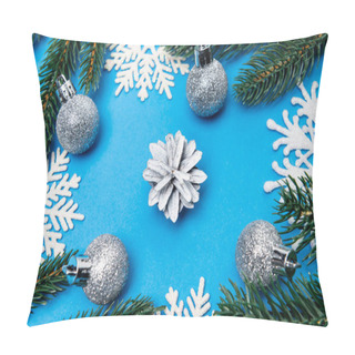 Personality  Top View Of Snowflakes, Silver Baubles And Spruce With Cone On Blue Background Pillow Covers