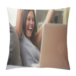 Personality  Mixed Race Woman Excited And Happy About Her Team Winning Pillow Covers