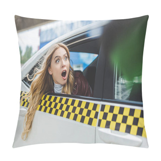 Personality  Selective Focus Of Shocked Girl Looking Away Through Taxi Window  Pillow Covers