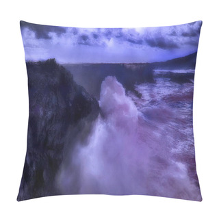 Personality  Photo Painting, Illustrated Photo With Oil Painting Effect. Moonlight With Stormy Sea In Cabo A Frouxeira, A Corua, Galicia, Spain, Pillow Covers