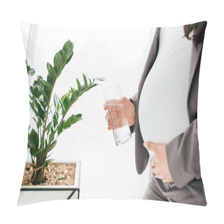 Personality  Cropped View Of Pregnant Woman Holding Glass With Water While Standing Neat Flowerpot With Plant Pillow Covers