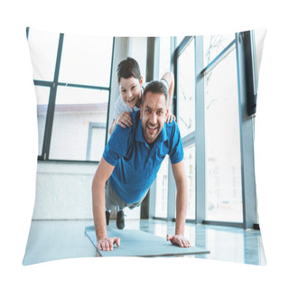 Personality  Happy Father Doing Push Up Exercise With Son On Back At Gym Pillow Covers