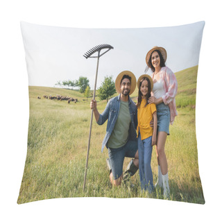 Personality  Happy Farm Family Looking At Camera Near Herd Grazing In Scenic Meadow Pillow Covers