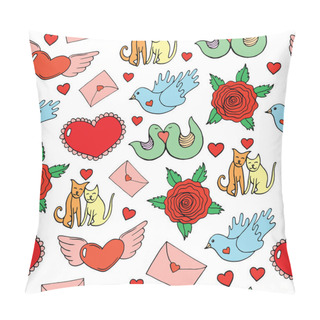 Personality  Valentine S Day Seamless Pattern With Hearts, Birds, Cats, Roses Pillow Covers