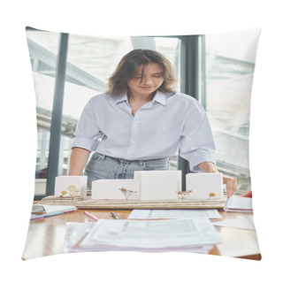 Personality  Young Brunette Woman Working On Her Documents And Scale Model With Glass On Backdrop, Design Bureau Pillow Covers
