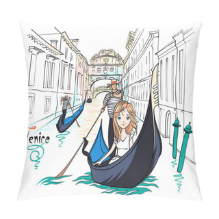 Personality  Cute Beautiful Fashion White Girl In Gondola, Venice, Italia. Bridge Of Sighs In The Background Pillow Covers