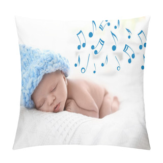 Personality  Cute Newborn Baby In Knitted Hat Sleeping On Bed And Flying Music Notes. Lullaby Song Pillow Covers