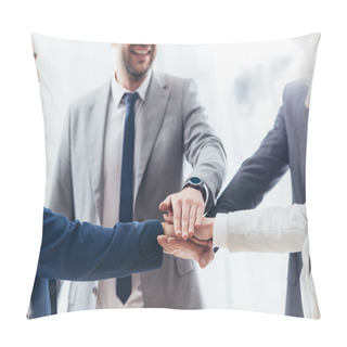 Personality  Cropped Shot Of Happy Business Team Stacking Hands In Office Pillow Covers
