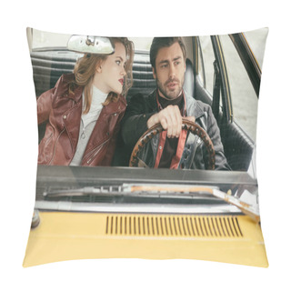Personality  Attractive Girl Looking At Stylish Boyfriend Driving Vintage Automobile  Pillow Covers