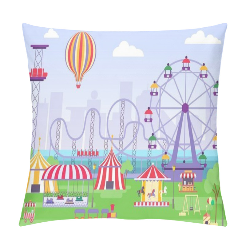 Personality  Amusement park landscape with ferris wheel, circus tents and carousels. Flat fun fair with roller coaster and merry-go-round vector concept pillow covers