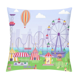 Personality  Amusement Park Landscape With Ferris Wheel, Circus Tents And Carousels. Flat Fun Fair With Roller Coaster And Merry-go-round Vector Concept Pillow Covers