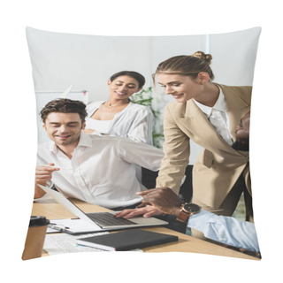 Personality  African American Businessman Pointing At Laptop Near Smiling Multiethnic Coworkers Pillow Covers
