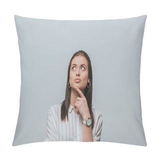 Personality  Dreamy Girl With Finger Near Chin Looking Up Isolated On Grey Pillow Covers