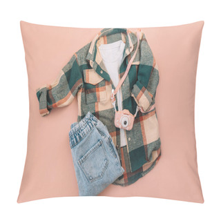 Personality  Childrens Checkered Shirt And Blue Jeans With Digital Camera On Pink Background. Pillow Covers