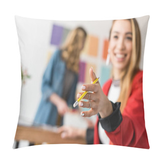 Personality  Selective Focus Of Asian Businesswoman Holding Pencil Pillow Covers