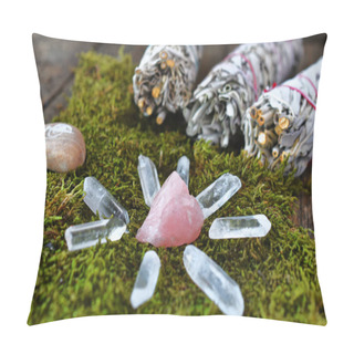 Personality  A Close Up Image Of A Rose Quartz Crystal Healing Grid On A Bed Of Moss With Smudge Sticks And Reiki Healing Symbol.  Pillow Covers