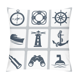 Personality  Vector Sea Icons Set: Compass, Ring-buoy, Steering Wheel, Ship, Lighthouse, Anchor, Spyglass, Binoculars, Buoy Pillow Covers
