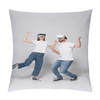 Personality  Young, Excited Couple In Vr Headsets, Jeans And White T-shirts Dancing On Grey Pillow Covers
