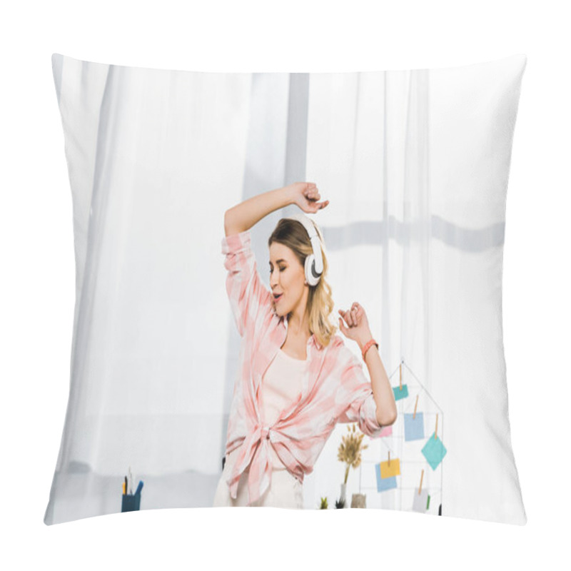 Personality  Charming young woman dancing and listening music at home pillow covers