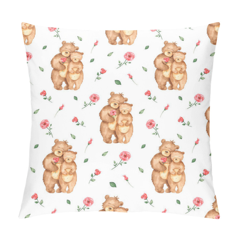 Personality  Watercolor seamless pattern with bears in love with flowers on a white background pillow covers