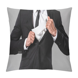 Personality  Cropped View Of Businessman In Black Suit Holding White Mask Isolated On Grey Pillow Covers