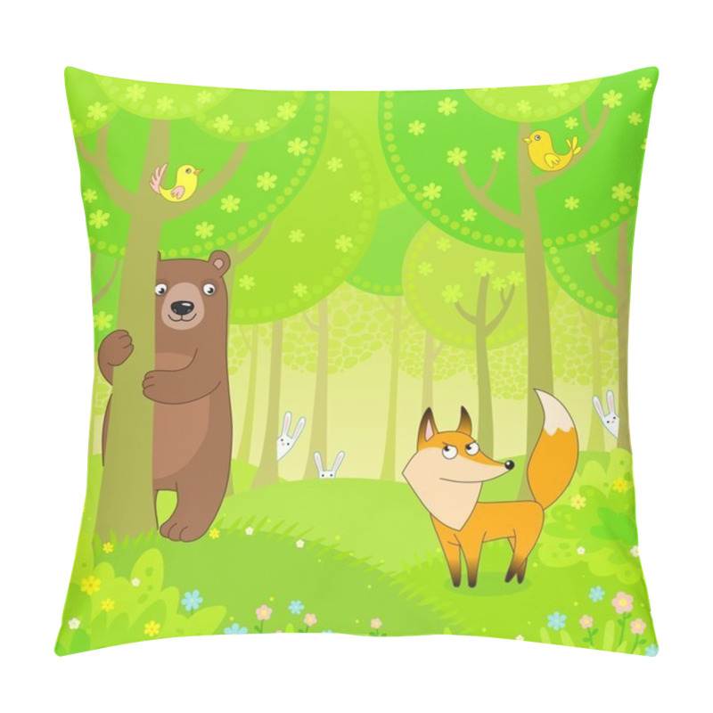 Personality  The bear, fox and hares play at hide-and-seek in the wood pillow covers
