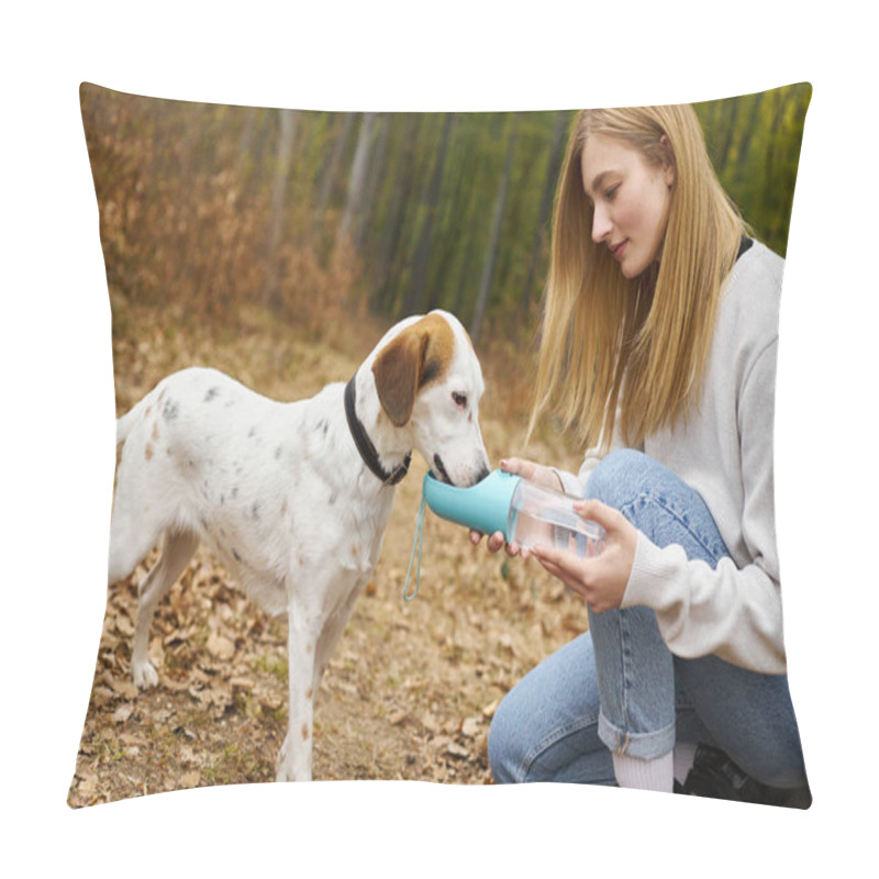 Personality  Loving Blonde Woman Hiker Letting Her Loyal Dog Drink Water From Bottle In Forest Setting Pillow Covers