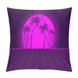 Personality  Retro Sci-fi Background With Retro Sun, Palm Trees And 80s Style Perspective Grid. Futuristic Sunset With Palm Trees. Synthwave And Retrowave Style. Design For Banner And Poster. Vector Illustration Pillow Covers
