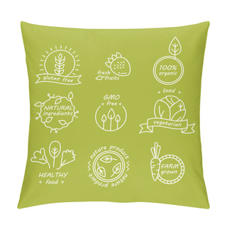Personality  Vector Set Of Green And Organic Products Labels And Badges - Collection Of Different Icons And Illustrations Related To Fresh And Healthy Food Pillow Covers