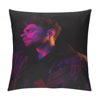 Personality  Despaired Unshaven Man In Jacket Looking Away In Neon Light Of Dark Post-apocalyptic Underground Pillow Covers