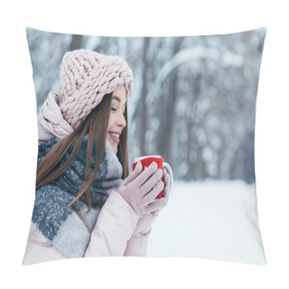 Personality  Side View Of Beautiful Young Woman With Cup Of Hot Coffee In Hands In Snowy Park Pillow Covers