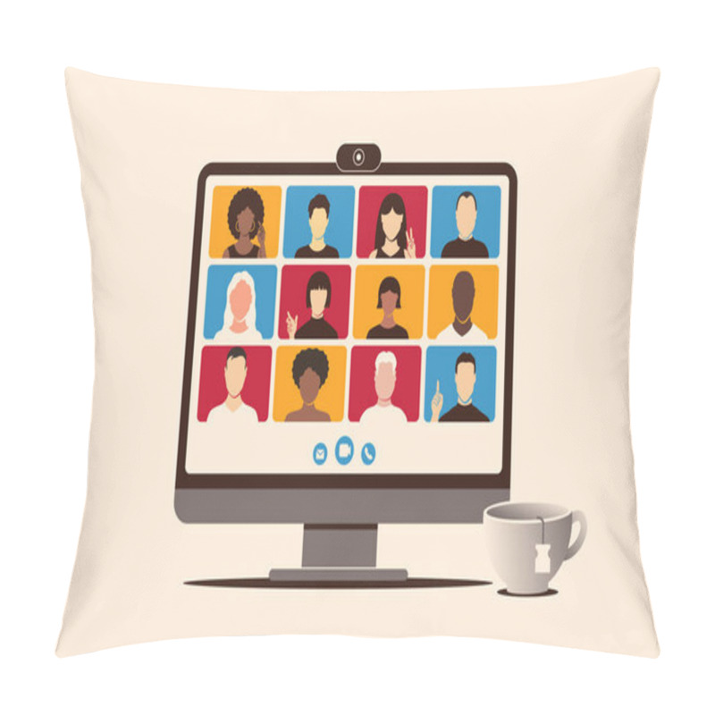 Personality  Conference Video Call For Remote Work Or Webinar From Home Or Anywhere Concept. Online Meeting Multicultural International Team Pillow Covers