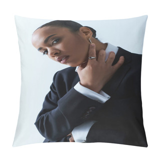 Personality  Young African American Woman In Her 20s Wearing A Black Suit And White Shirt. Pillow Covers