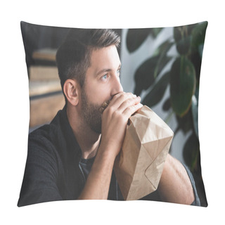 Personality  Handsome Man With Panic Attack Breathing In Paper Bag In Apartment  Pillow Covers
