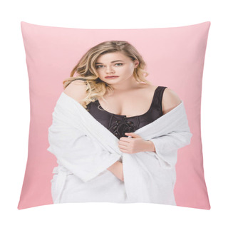 Personality  Beautiful Oversize Woman In Bathrobe And Swimsuit Looking At Camera Isolated On Pink  Pillow Covers