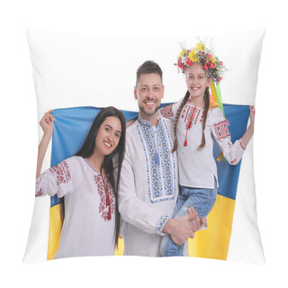 Personality  Happy Family In National Clothes With Flag Of Ukraine On White Background Pillow Covers