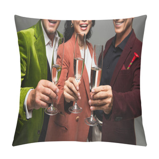 Personality  Cropped View Of Glasses Of Champagne In Hands Of Mature Friends Isolated On Grey  Pillow Covers