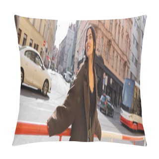 Personality  Happy Brunette Woman Standing Near Road Railing On Urban Street In Prague, Banner  Pillow Covers
