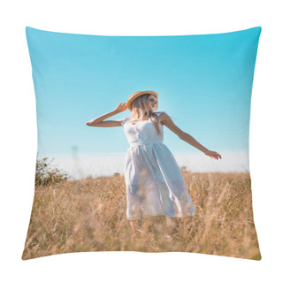 Personality  Selective Focus Of Blonde Woman In White Dress And Straw Hat Showing Follow Me Gesture In Grassy Meadow Pillow Covers
