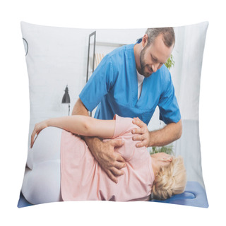 Personality  Portrait Of Smiling Chiropractor Massaging Back Of Patient That Lying On Massage Table In Hospital Pillow Covers
