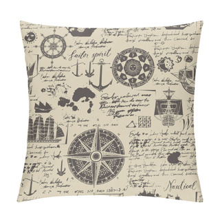 Personality  Vector Abstract Seamless Background On The Theme Of Travel, Adventure And Discovery. Old Manuscript With Caravels, Wind Rose, Anchors And Other Nautical Symbols With Blots And Stains In Vintage Style Pillow Covers