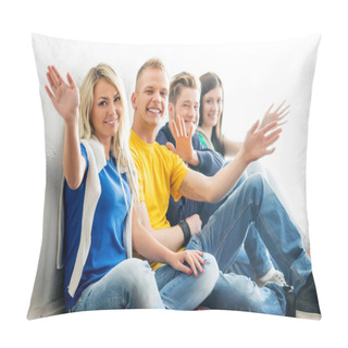 Personality  Group Of Happy Students On A Break Waving. Focus On A Boy And A Girl. Pillow Covers